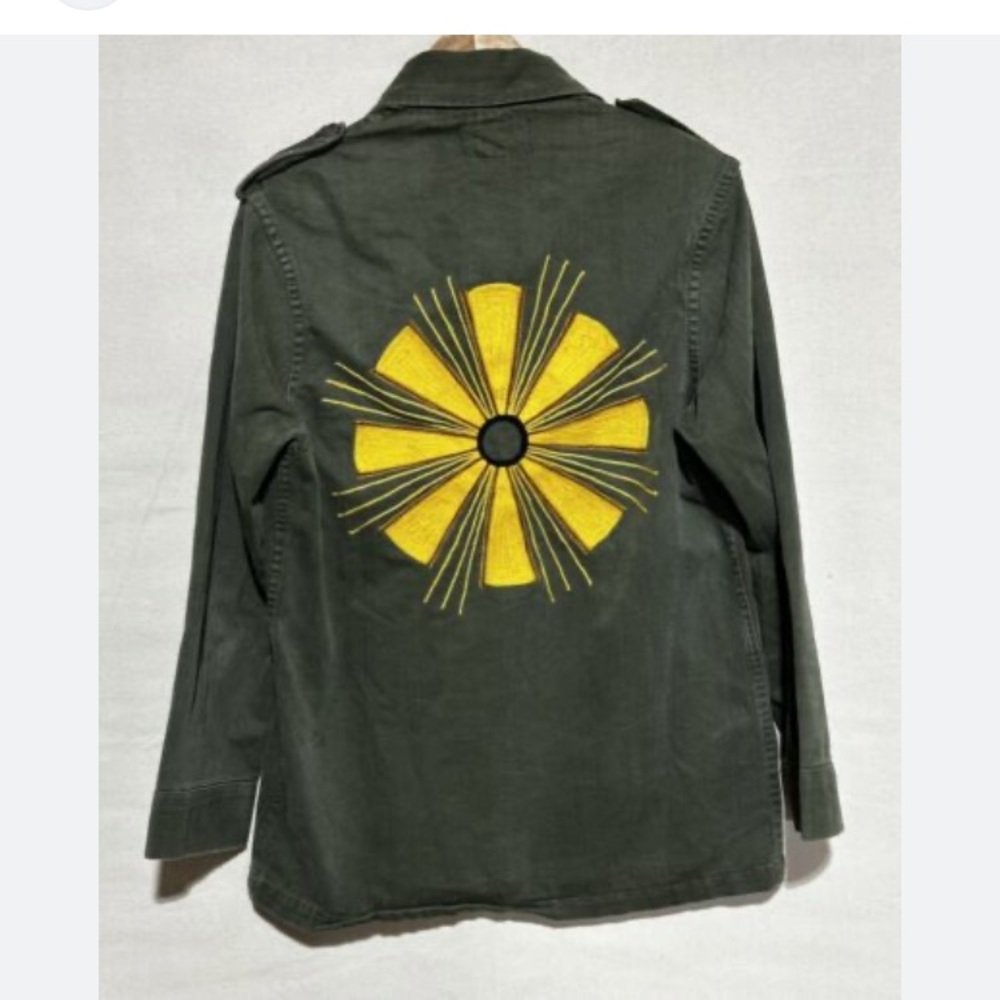 Madewell Olive Green Utility Jacket with Yellow Sunburst Patch